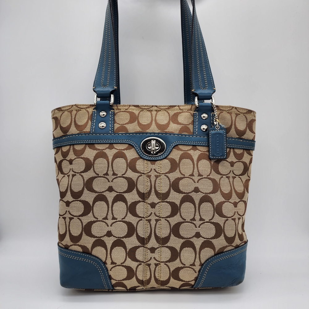 Coach Hampton Y2K Signature Tote Shoulder Bag Tan Brown Blue Turnlock